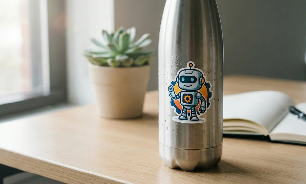 מדבקה צורנית של רובוט כחול מחייך מודבקת על בקבוק מים מנירוסטה לצד עציץ סוקולנט על שולחן עץ.
