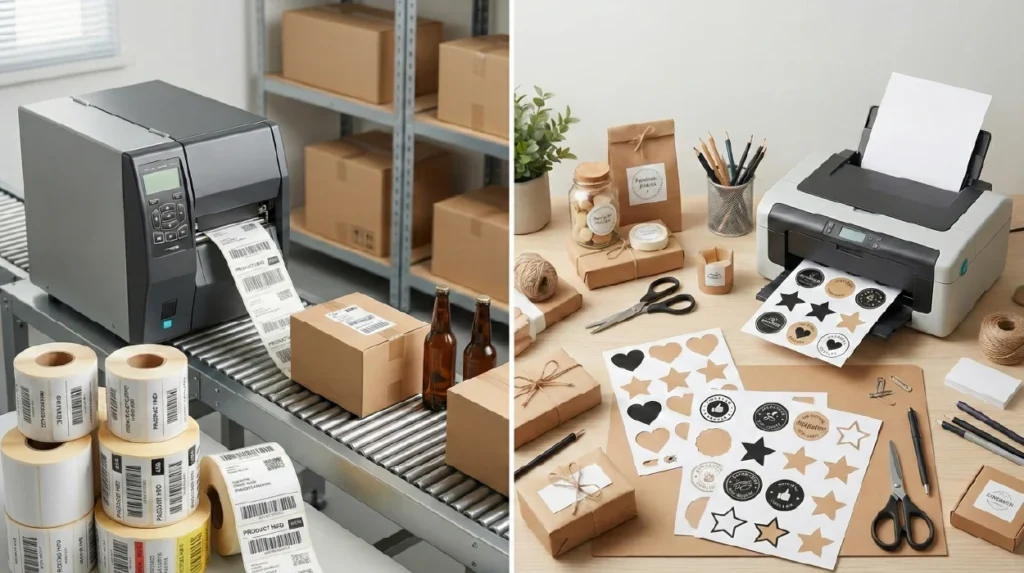 איור השוואתי המציג את ההבדלים בין מדבקות בדפי A4 לשימוש ידני בכמויות קטנות לבין מדבקות בגליל להדבקה אוטומטית תעשייתית בנפחים גדולים.