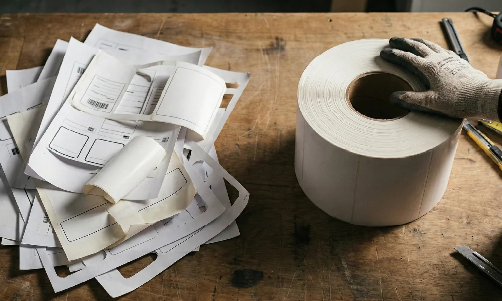 השוואה ויזואלית בין גליל מדבקות לבן גדול ומסודר לבין ערימת שאריות של גיבוי דפי מדבקות משומשים.