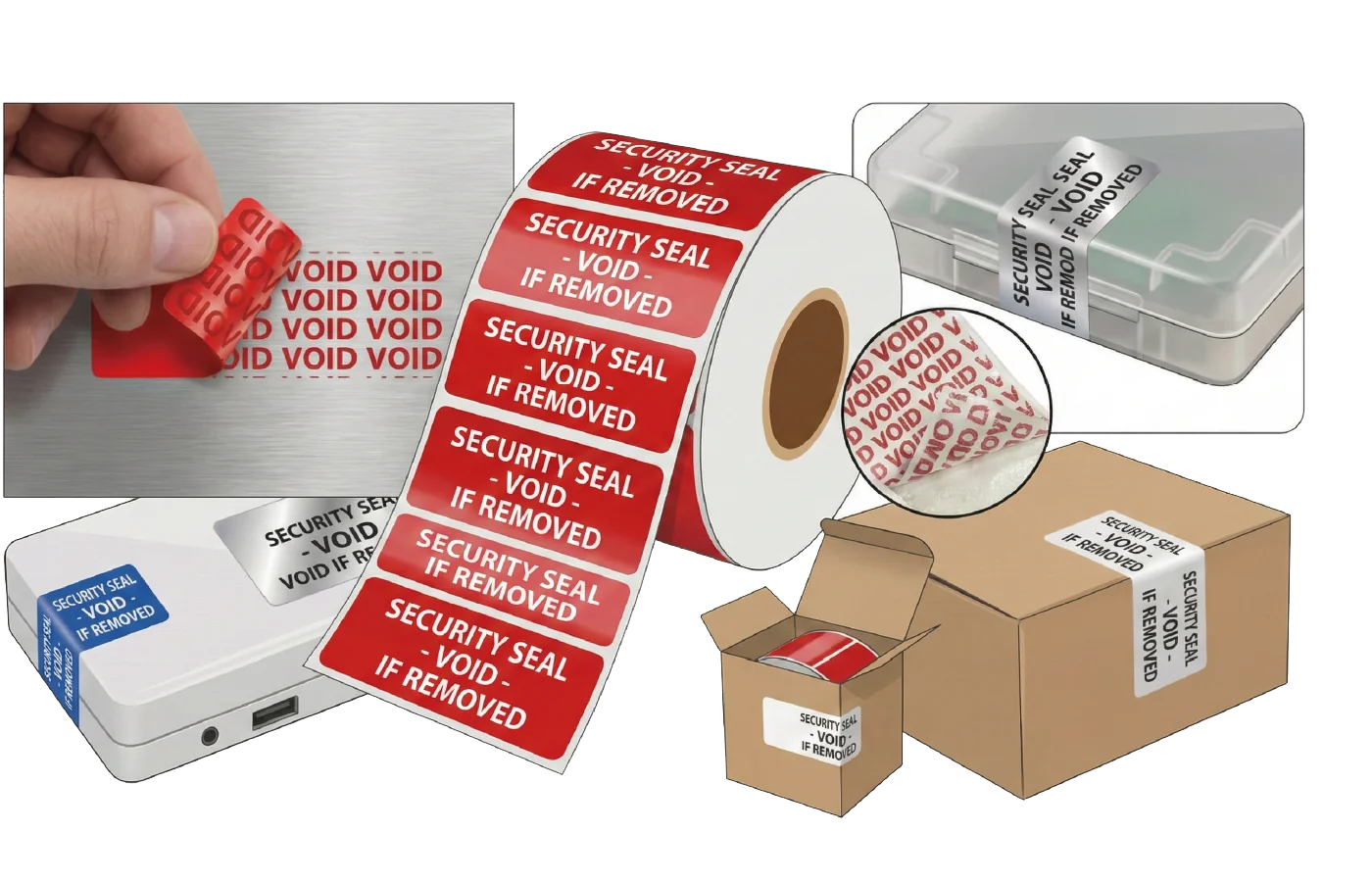 מגוון מדבקות אבטחה מסוג VOID המשאירות סימן פתיחה ברור על גבי אריזות ומכשירים.