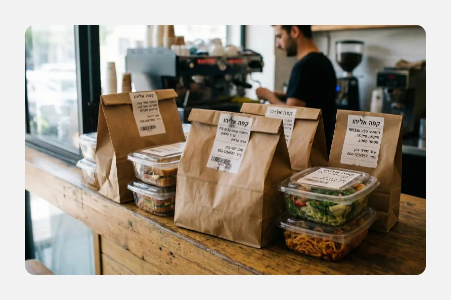 שקיות נייר חומות וקופסאות למשלוח אוכל עם מדבקות פרטי הזמנה לבנות