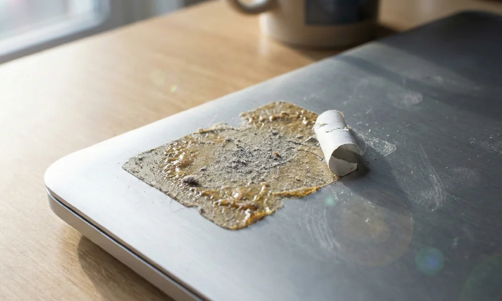 שאריות דבק דביקות ומלוכלכות על גב מחשב נייד (Laptop) לאחר קילוף לא נכון של מדבקה.