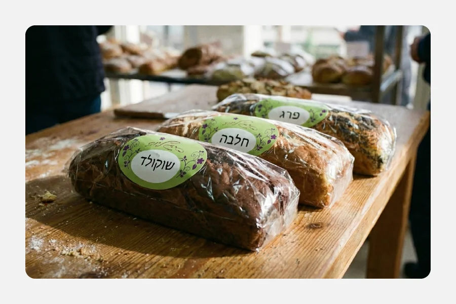 עוגות בחושות ארוזות בצלופן עם מדבקות אובליות ירוקות לסימון הטעם שוקולד וחלבה