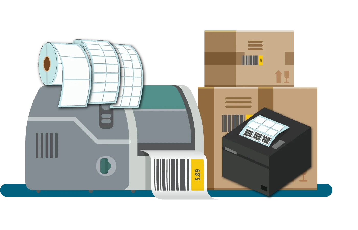 מדפסת מדבקות תרמית לצד ארגזי משלוח וגלילי מדבקות לבנות