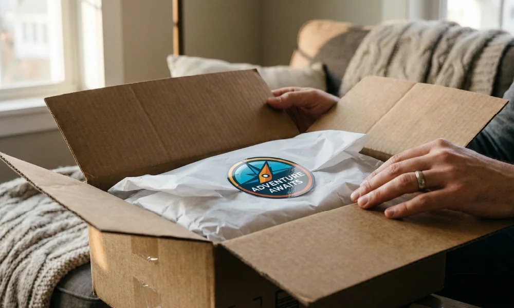 ידיים פותחות ארגז משלוח המכיל פריט עטוף בנייר משי ועליו מדבקת מיתוג עגולה עם הכיתוב "Adventure Awaits".