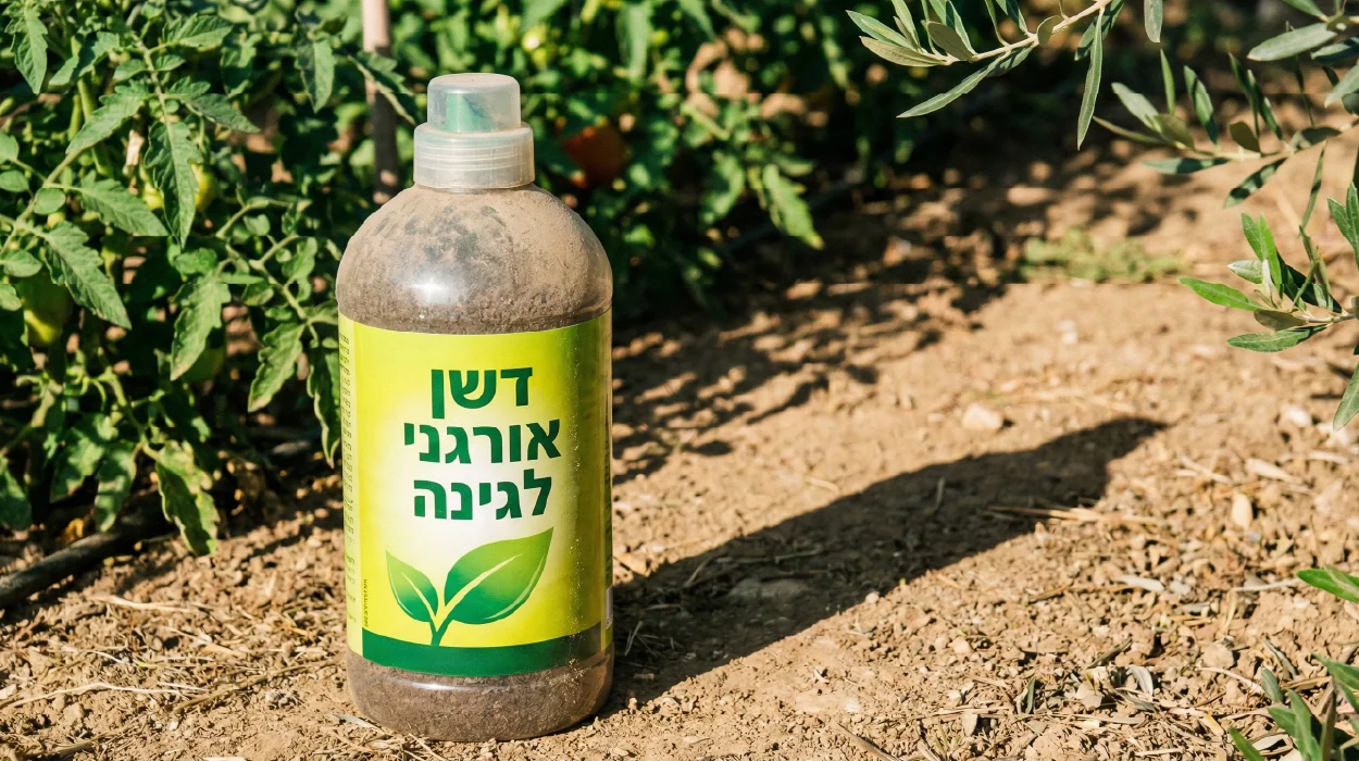 בקבוק דשן אורגני לגינה המונח על האדמה בחוץ, עם מדבקת BOPP עמידה לקרינת UV ותנאי מזג אוויר.