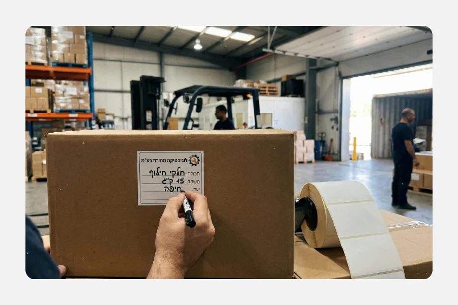 עובד מחסן רושם פרטים ידנית על מדבקת סימון לבנה המודבקת על ארגז קרטון בסביבה לוגיסטית עמוסה.