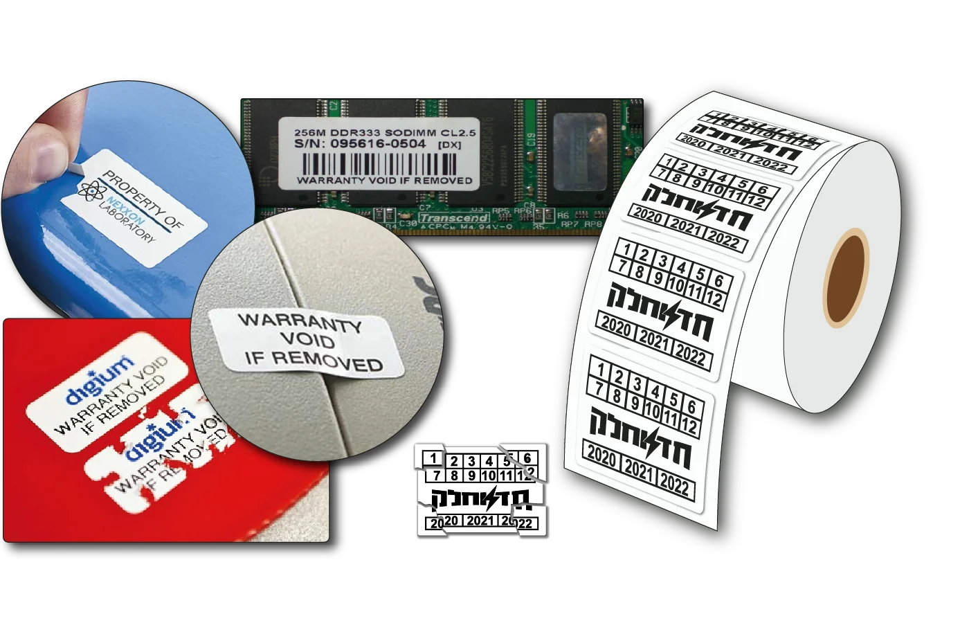 מגוון מדבקות ביטחון מסוג VOID ומתפוררות המודבקות על רכיבי מחשב ומכשירים אלקטרוניים