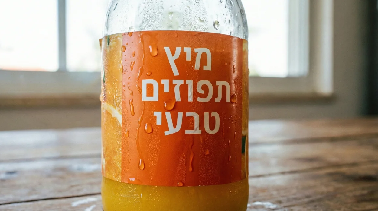 בקבוק מיץ תפוזים טבעי עם מדבקת BOPP כתומה, המציגה עמידות מוחלטת לטיפות מים ועיבוי (Condensation).