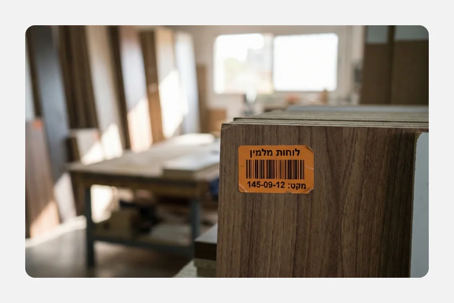 ערימת לוחות מלמין בנגרייה עם מדבקת ברקוד כתומה לניהול מלאי וזיהוי מוצר