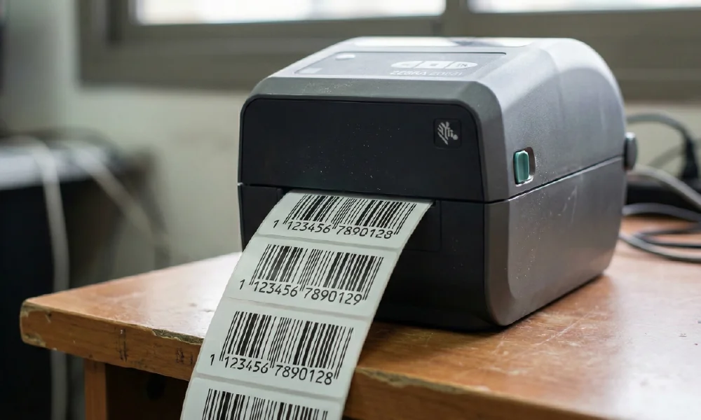 מדפסת מדבקות שולחנית של חברת Zebra מדפיסה רצף של ברקודים