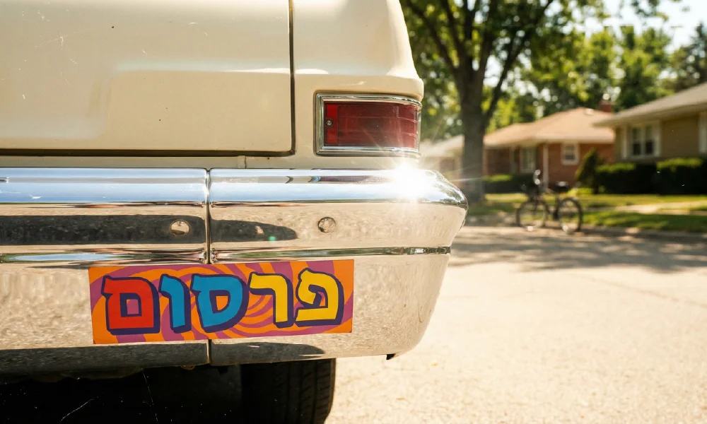 מדבקת "פרסום" צבעונית ופסיכדלית על פגוש כרום של רכב אספנות, מייצגת את מהפכת המיתוג של המאה ה-20.