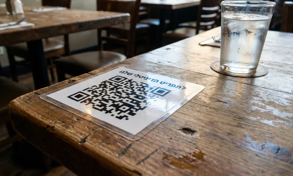 מדבקת QR עמידה על שולחן עץ במסעדה, המפנה את הסועדים לתפריט הדיגיטלי של המקום.