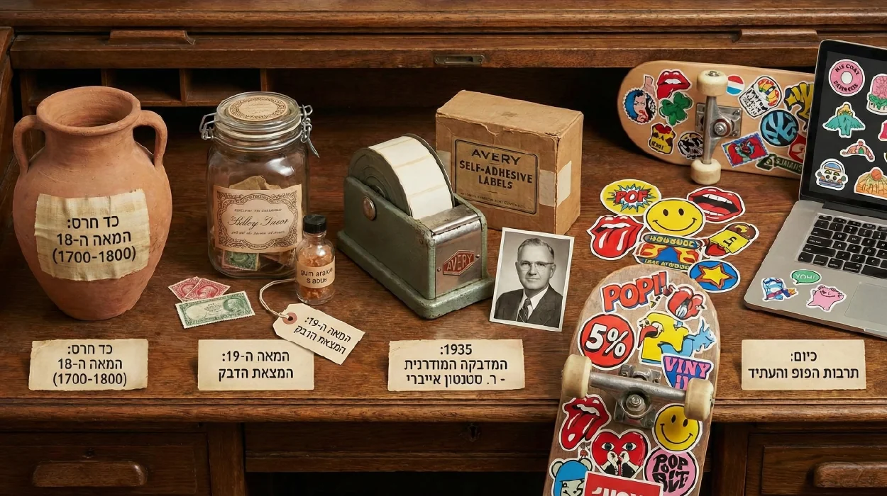 ציר זמן ויזואלי המציג את התפתחות המדבקה מ-1700, דרך המאה ה-19 והמצאת המדבקה המודרנית ב-1935 ועד היום.