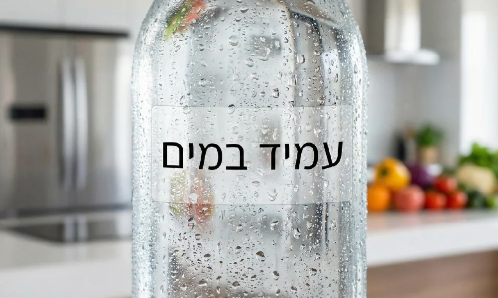 בקבוק מים שקוף עם טיפות מים על מדבקת ויניל לבנה וחדה הכוללת את הכיתוב "עמיד במים".