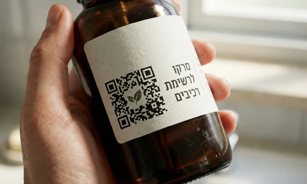 יד מחזיקה בקבוק זכוכית עם מדבקת QR המאפשרת סריקה לקבלת רשימת רכיבים מלאה ומידע תזונתי.