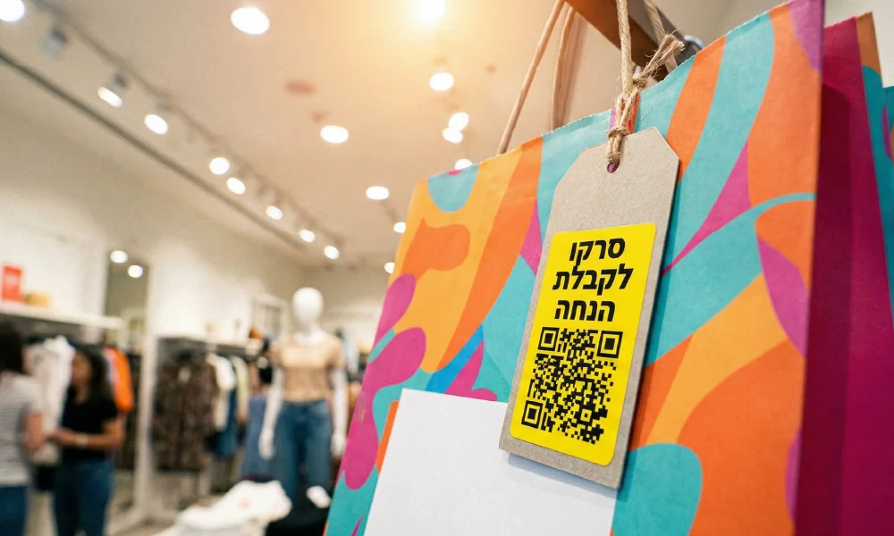 שקית קניות ממותגת עם תגית צהובה בולטת ועליה מדבקת QR המציעה קופון הנחה לסריקה.