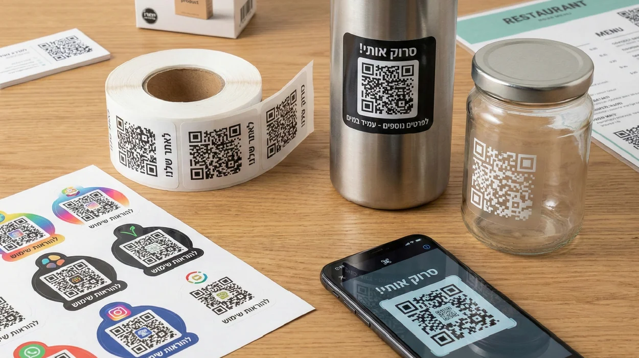 מגוון מדבקות QR חכמות על בקבוק מים עמיד, צנצנת זכוכית ודף מדבקות מעוצב, לצד סמארטפון הסורק קוד דיגיטלי.