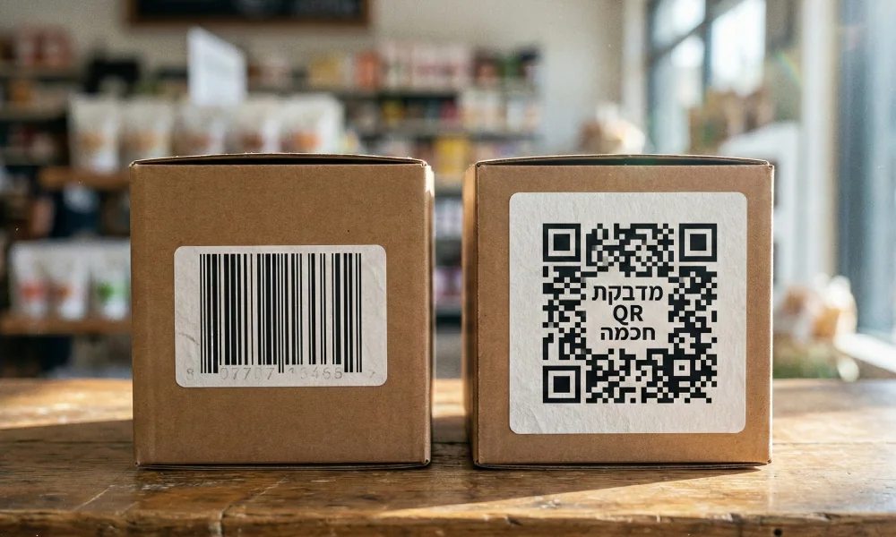 השוואה ויזואלית על גבי מארזי קרטון בין מדבקת ברקוד קווית מסורתית למדבקת QR חכמה ודינמית.