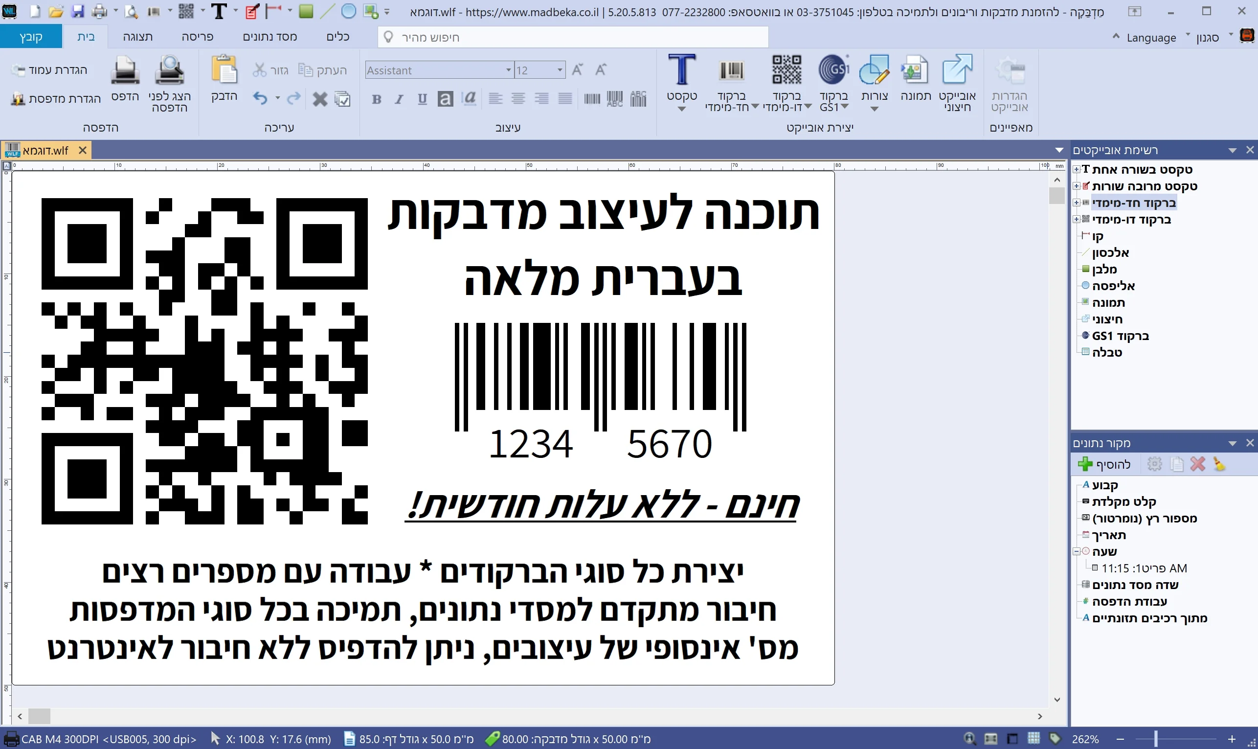 מראה כללי של תוכנת עיצוב מדבקות וברקודים בעברית מלאה הכוללת יצירת קוד QR, ברקודים וחיבור למסדי נתונים.